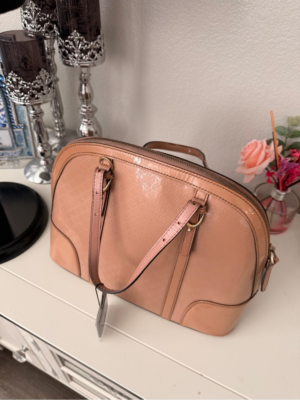 Gucci Peach Embossed Leather Satchel with Gold Hardware